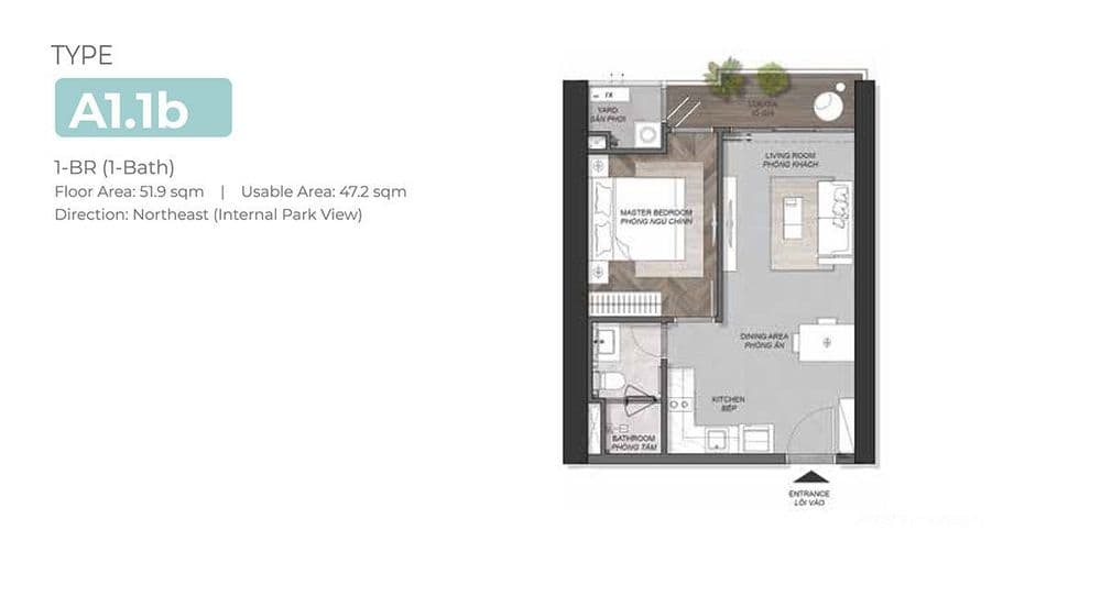 Floor Plan for 1 Bedroom Apartment Type-A1.1b